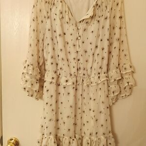 Floral Print Cream Dress with Ruffle Sleeves